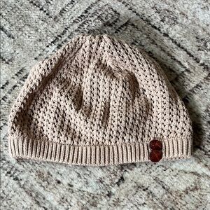 Beige Knit Beanie with Button Detail